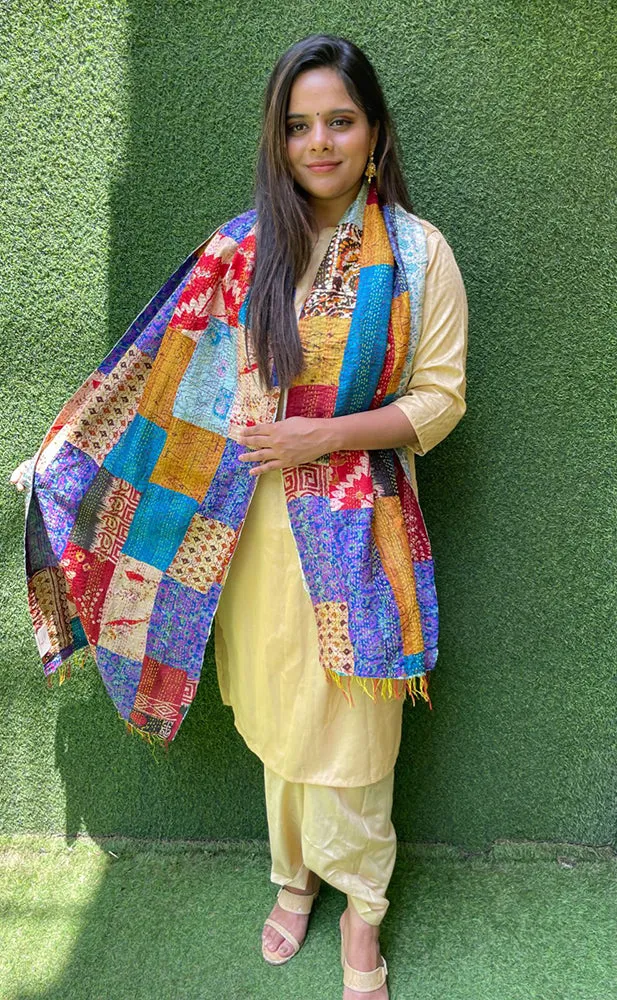 Multicolor Hand Embroidered Kantha Silk Reversible Stole