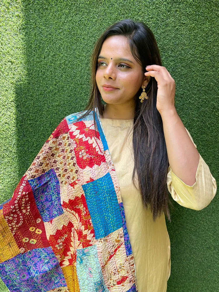 Multicolor Hand Embroidered Kantha Silk Reversible Stole