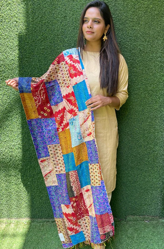 Multicolor Hand Embroidered Kantha Silk Reversible Stole