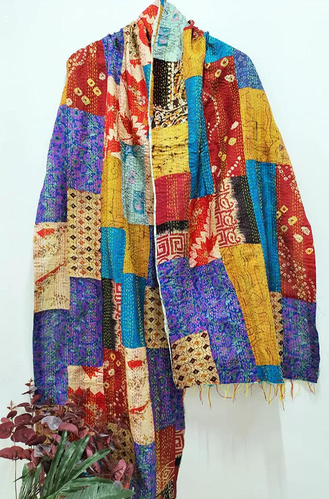 Multicolor Hand Embroidered Kantha Silk Reversible Stole