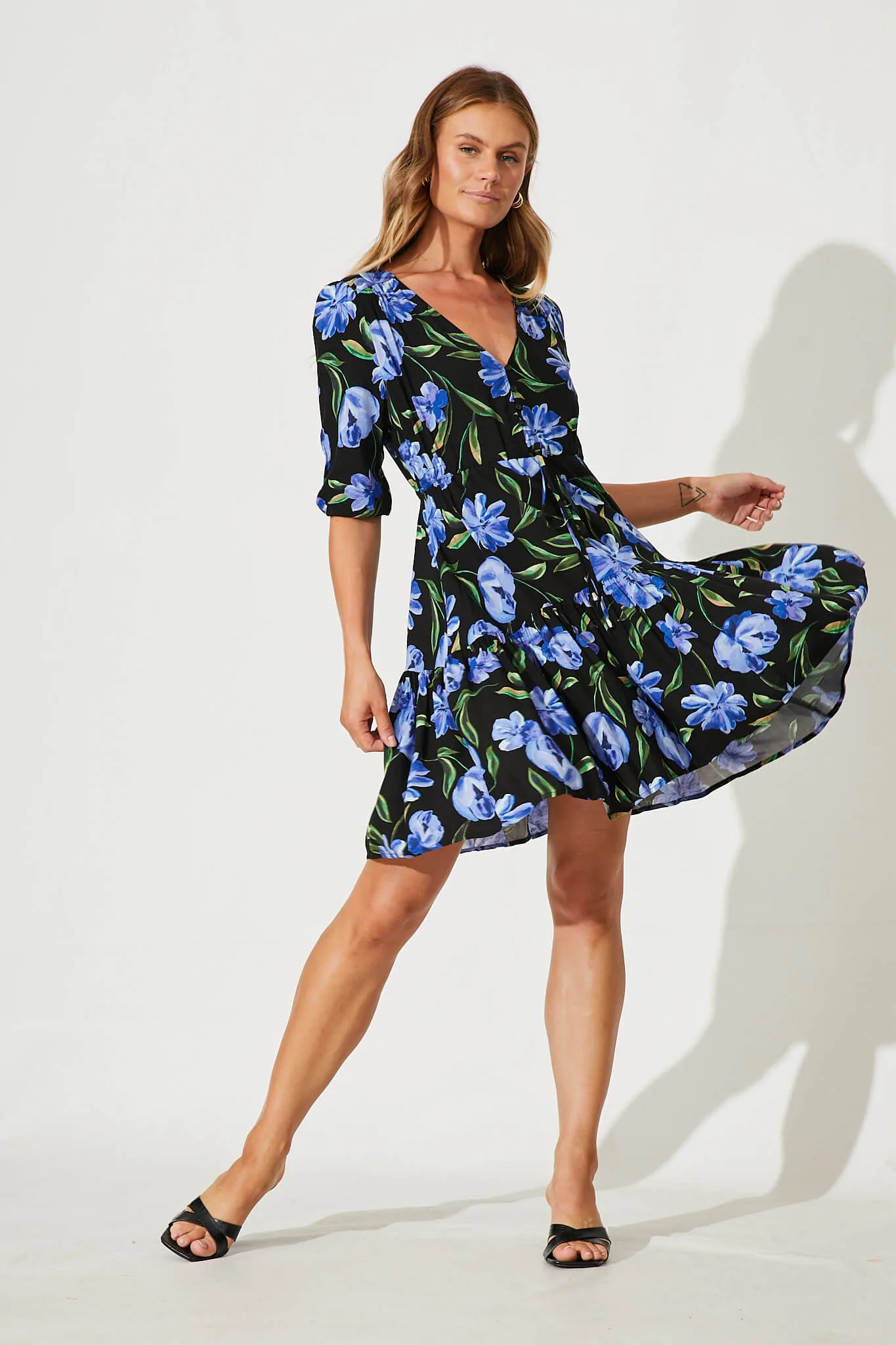 Nicolette Dress In Black With Blue Floral