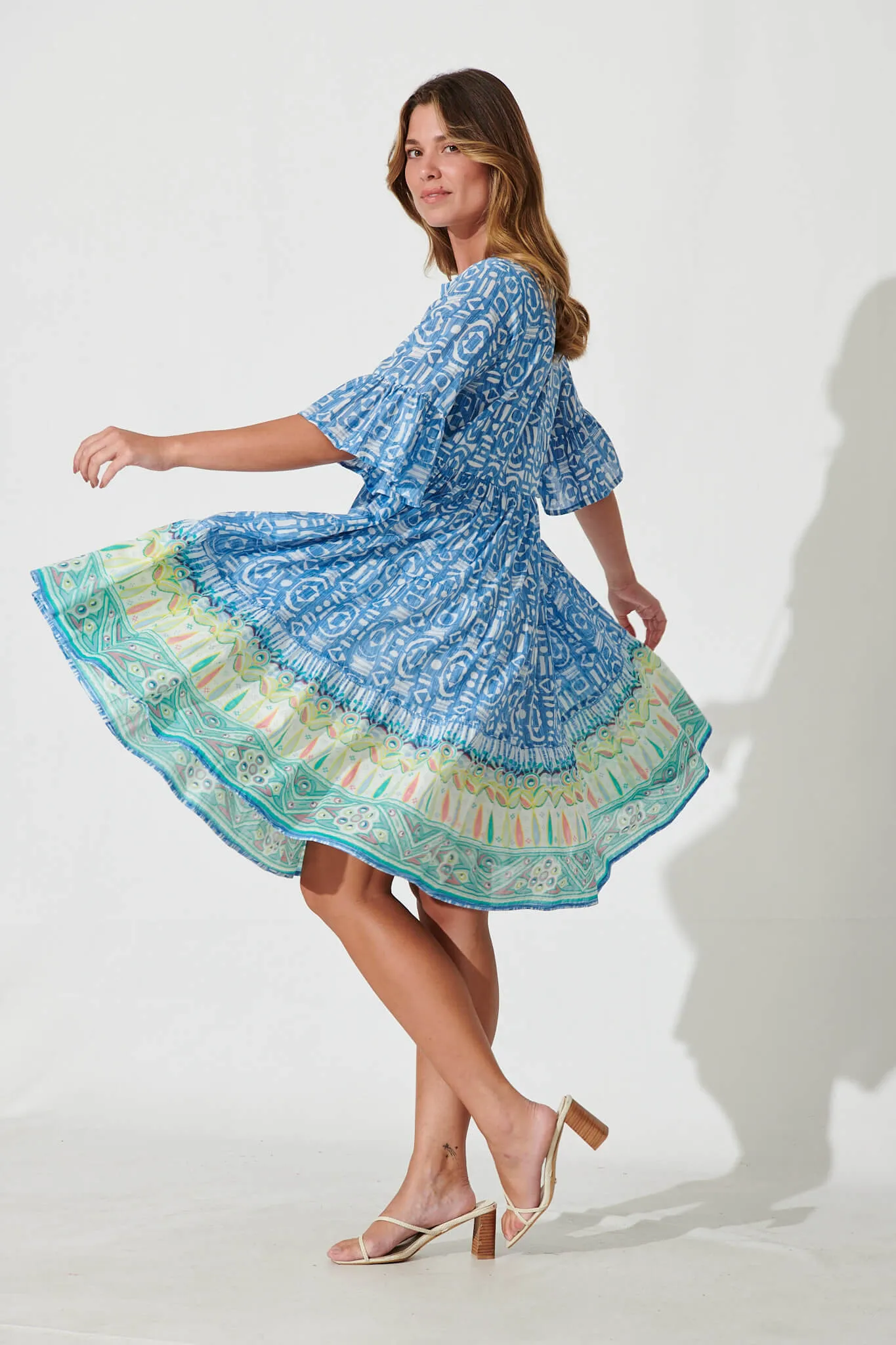 Orenda Smock Dress In Blue Geometric With Border Print