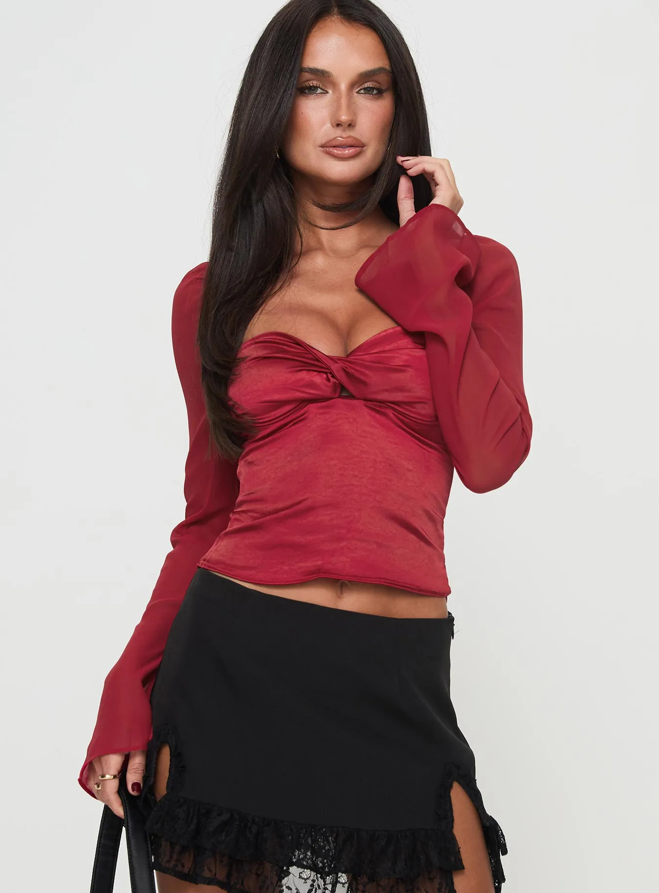 Pavel Long Sleeve Satin Top Burgundy