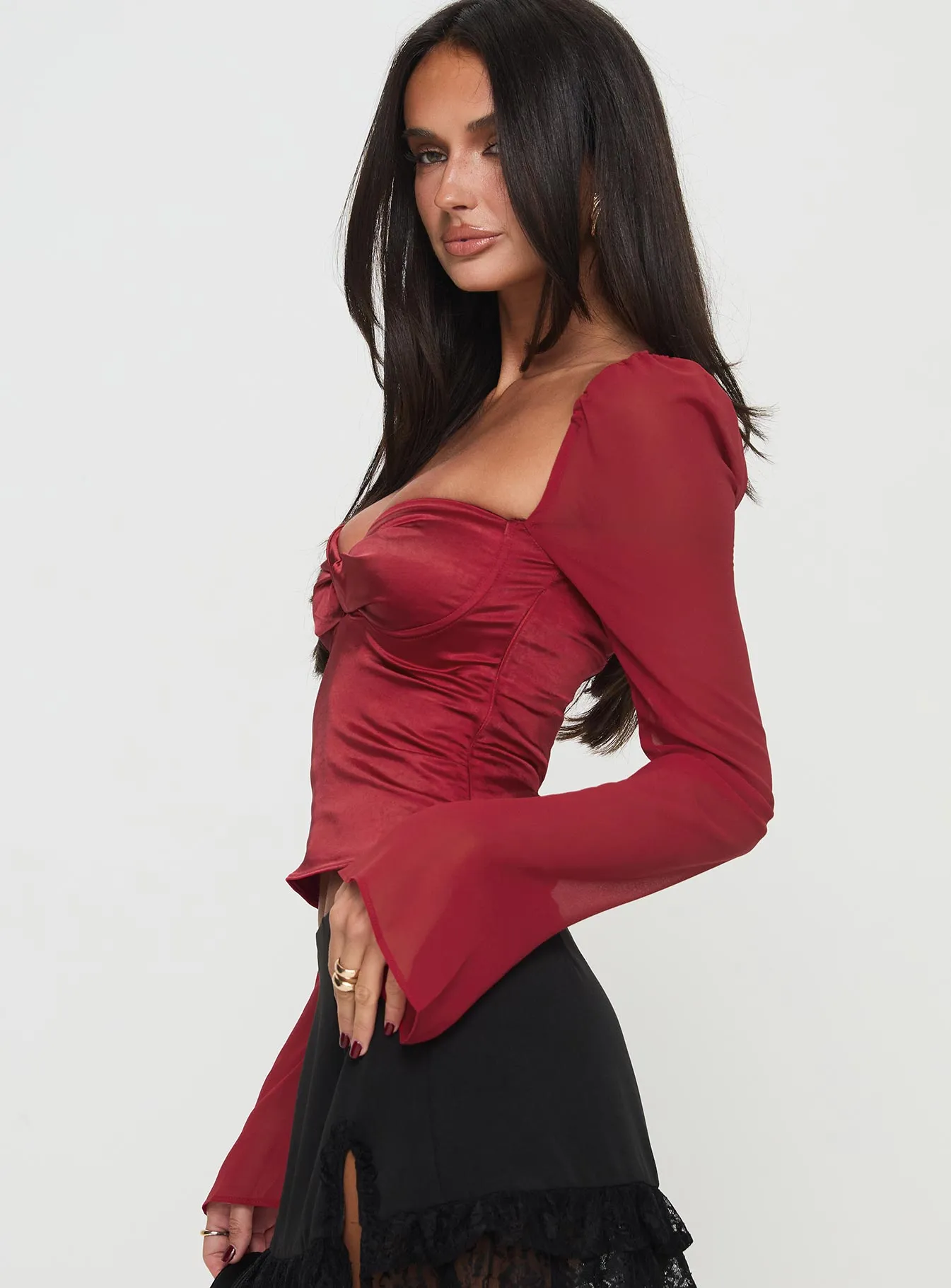 Pavel Long Sleeve Satin Top Burgundy