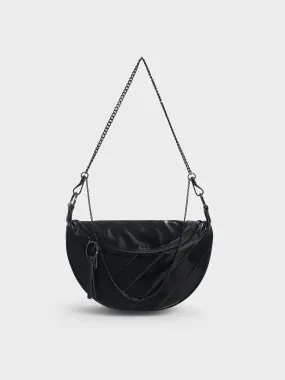 Philomena Shiny Half-Moon Crossbody Bag - Jet Black