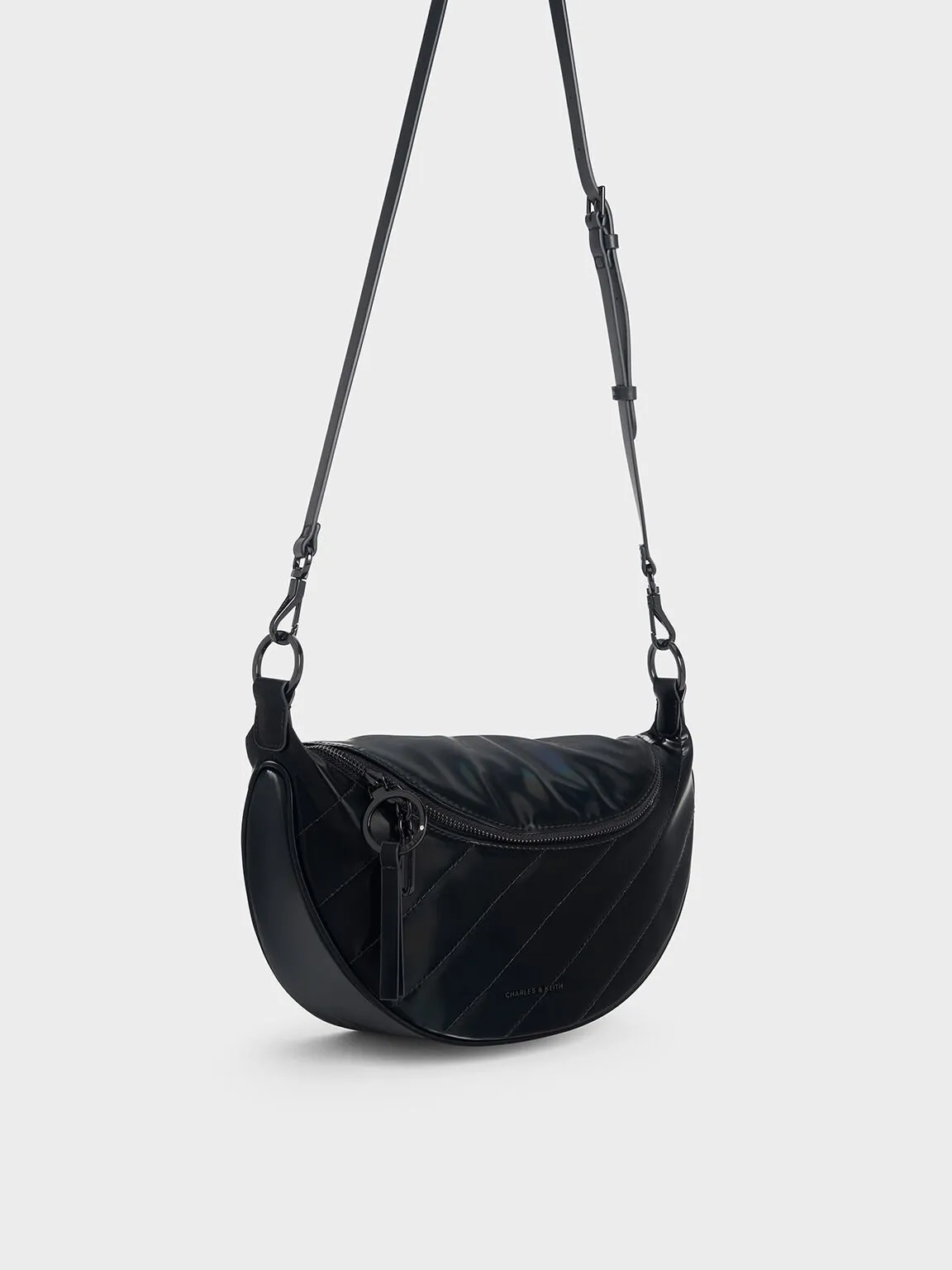 Philomena Shiny Half-Moon Crossbody Bag - Jet Black