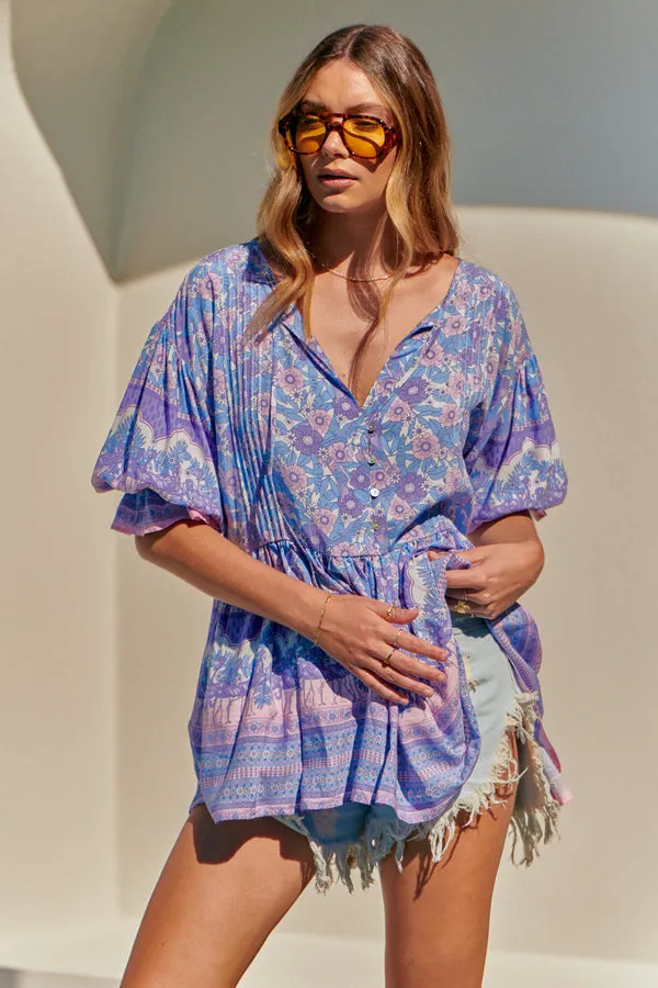 Pia Tunic Top Blue Flamingo Print