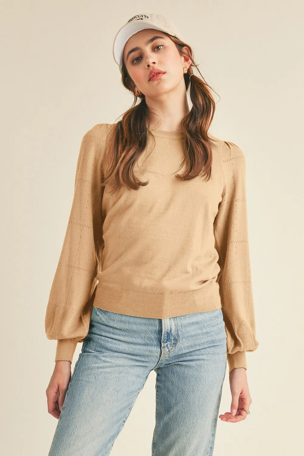 POINTELLE PUFF SLEEVE SWEATER