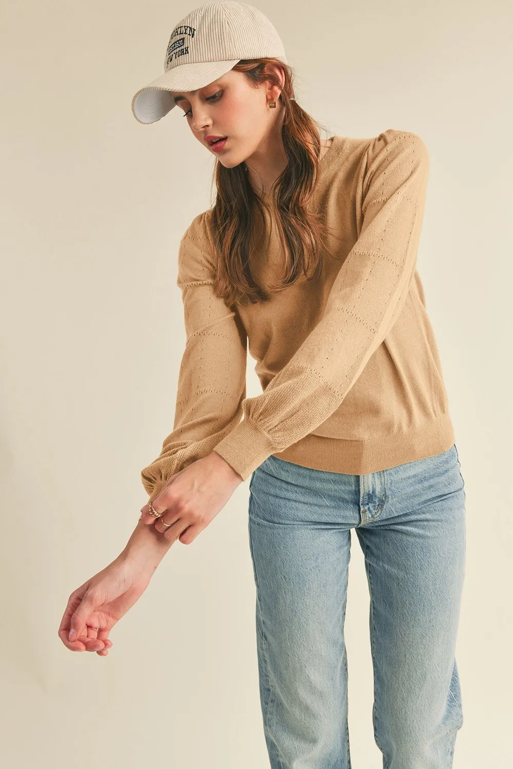 POINTELLE PUFF SLEEVE SWEATER