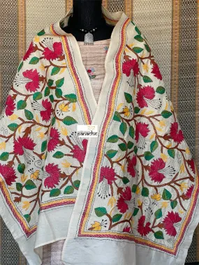 Pure Khadi Silk Stole - Beige Green Kantha Stitch