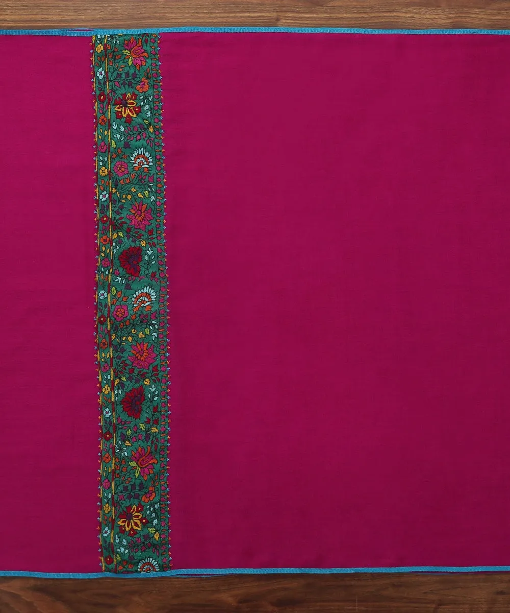 Purple Pure Pashmina Scarf With Applique Border In Kalamkari