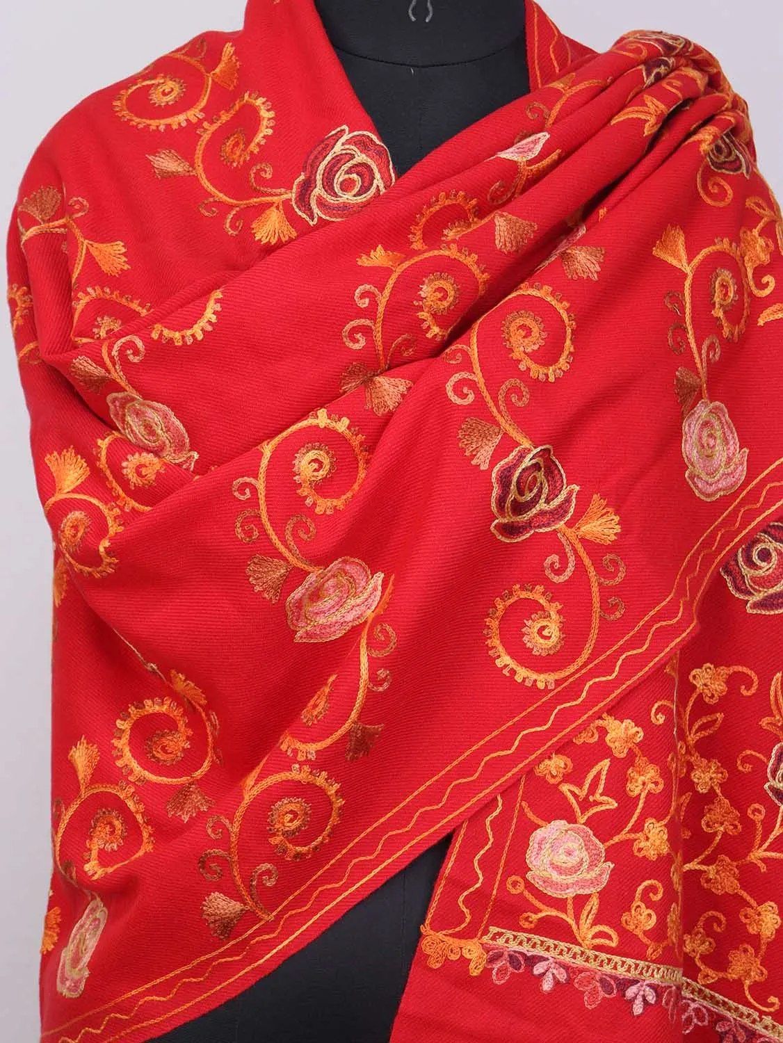 Red Embroidered Kashmiri Aari Work Woollen Stole