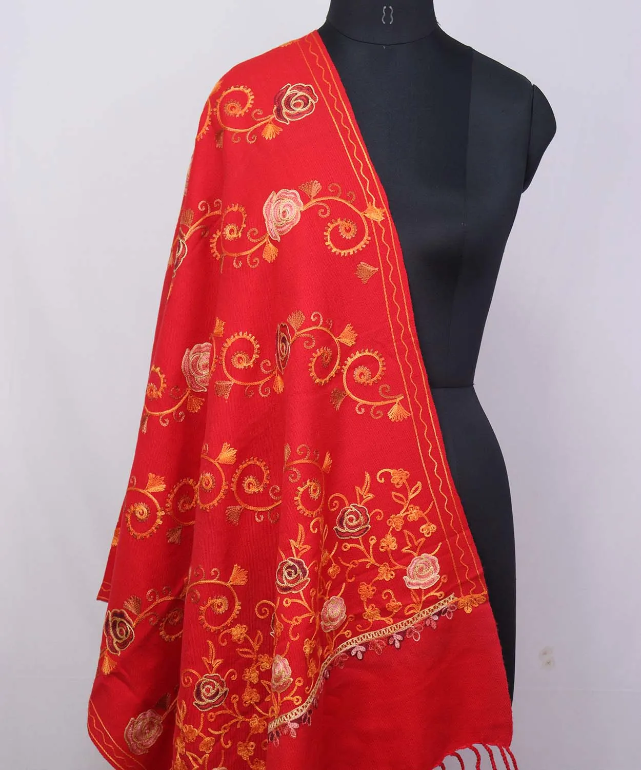 Red Embroidered Kashmiri Aari Work Woollen Stole