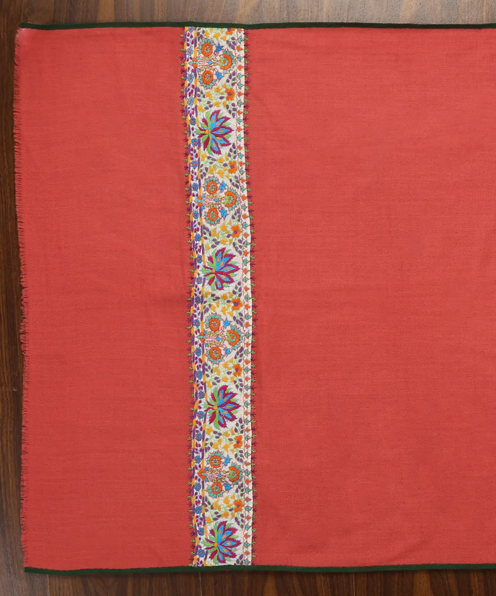 Red Handwoven Pure Pashmina Stole With Hand Appliqued Kashidakari Border