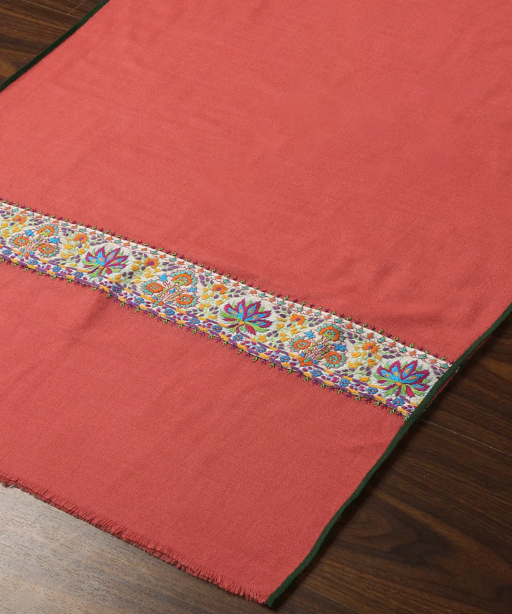 Red Handwoven Pure Pashmina Stole With Hand Appliqued Kashidakari Border