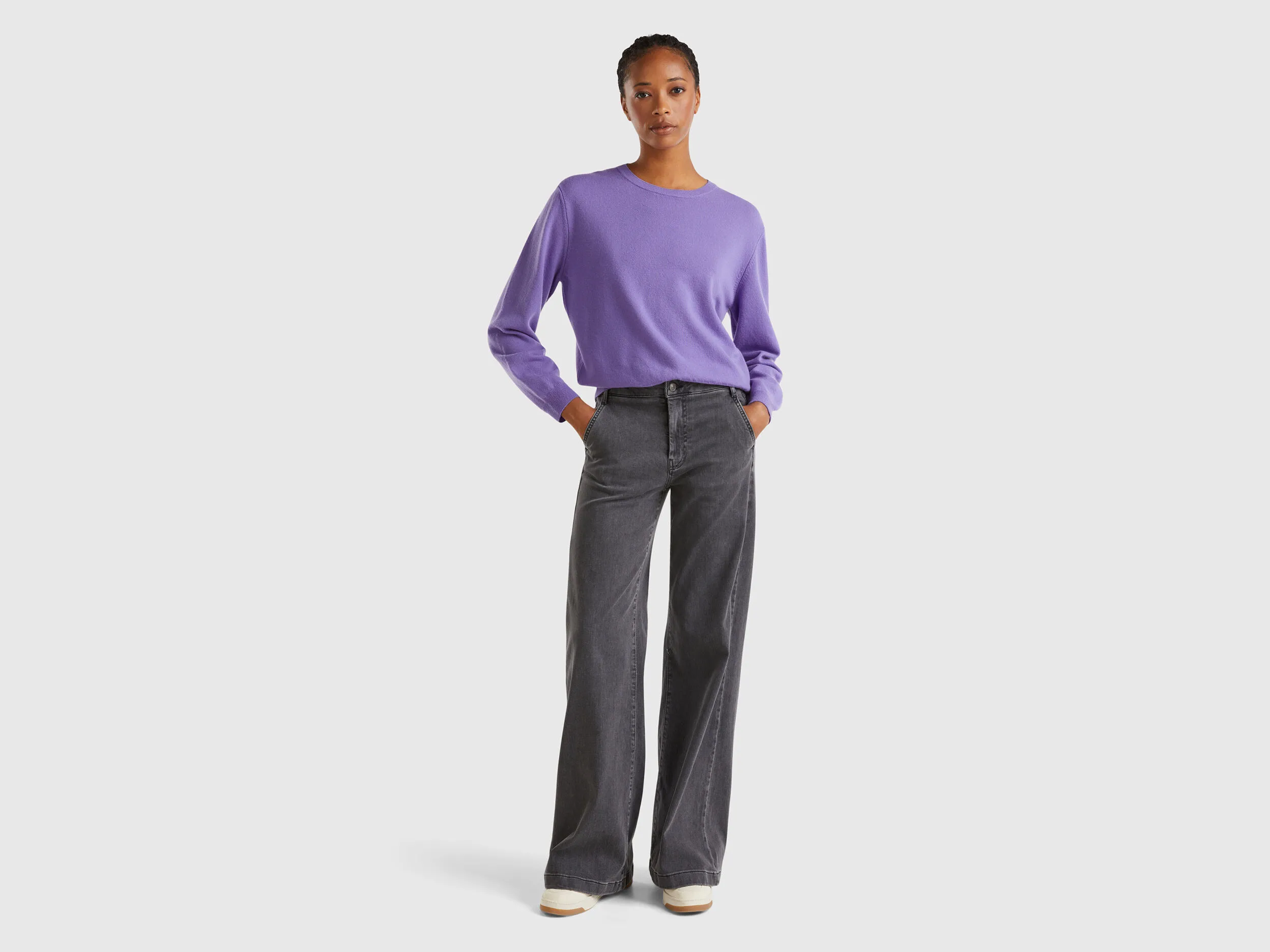 Relaxed fit pure Merino wool sweater - Purple | Benetton