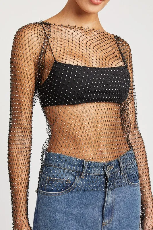 RHINESTONES NET LONG SLEEVE TOP