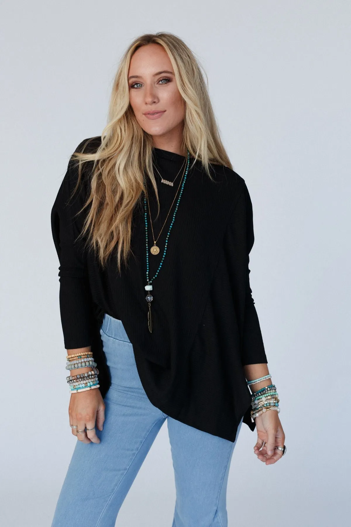 Rosemary Contrast Long Sleeve Top - Black