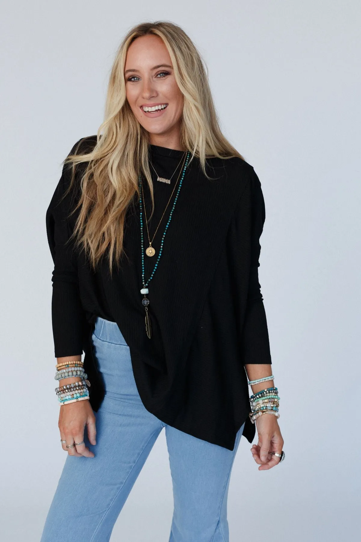 Rosemary Contrast Long Sleeve Top - Black