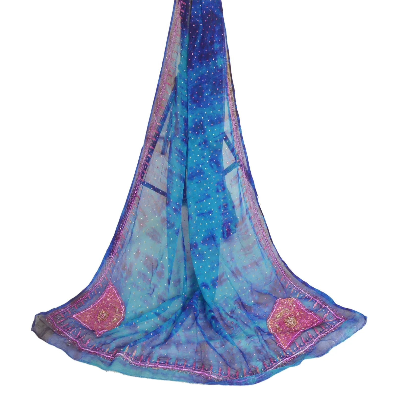 Sanskriti Vintage Dupatta Long Stole Pure Chiffon Silk Blue Hand Beaded Tie-Dye