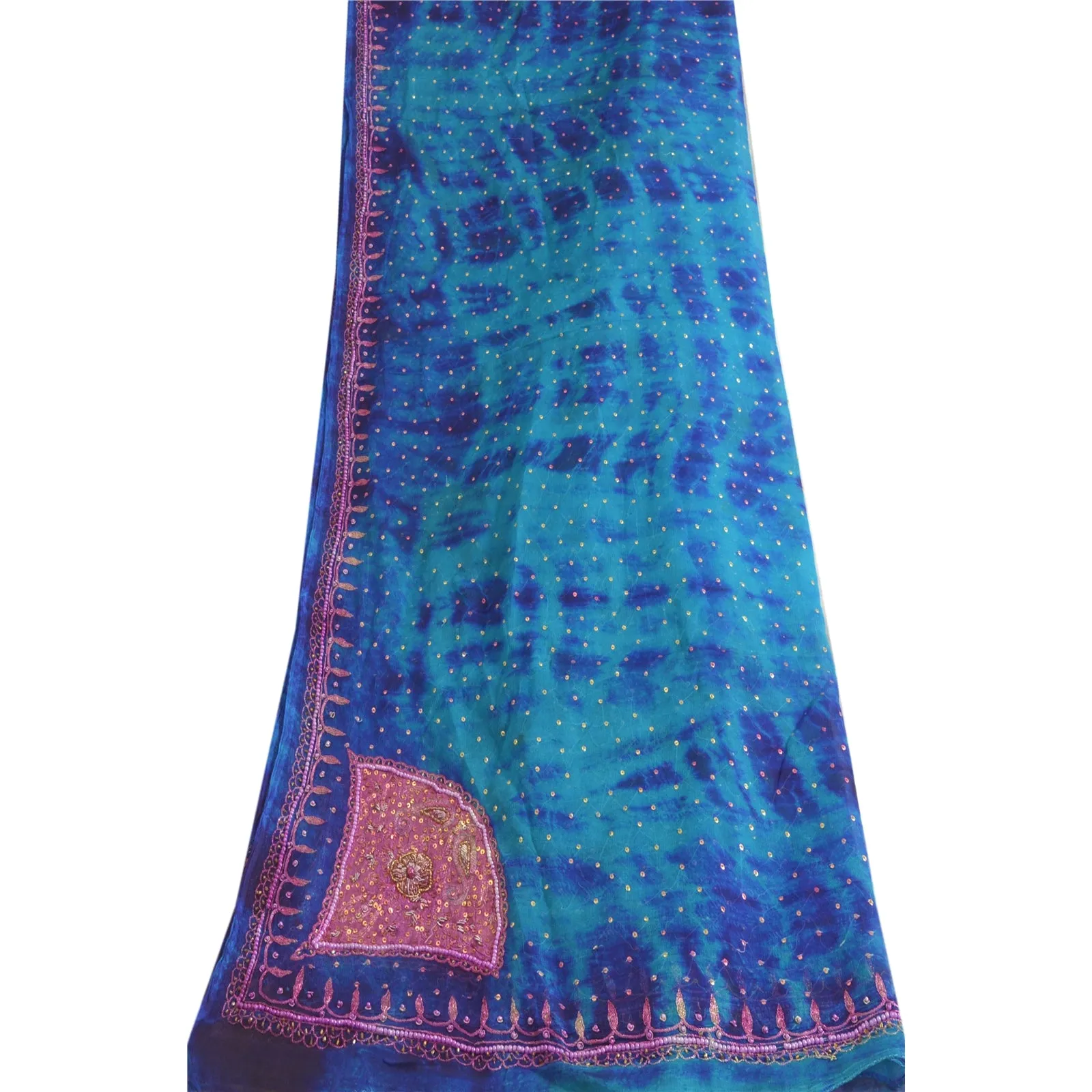 Sanskriti Vintage Dupatta Long Stole Pure Chiffon Silk Blue Hand Beaded Tie-Dye