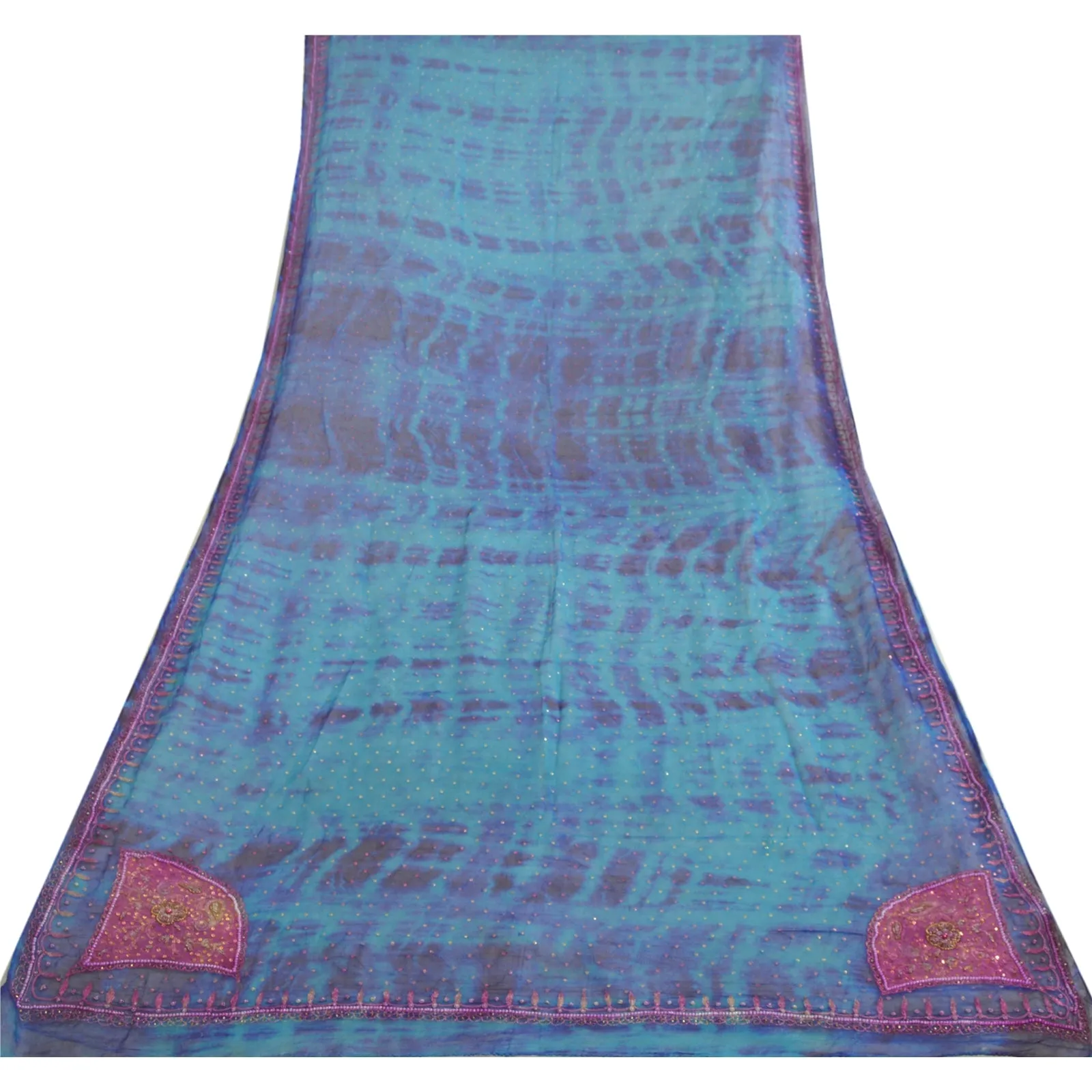 Sanskriti Vintage Dupatta Long Stole Pure Chiffon Silk Blue Hand Beaded Tie-Dye