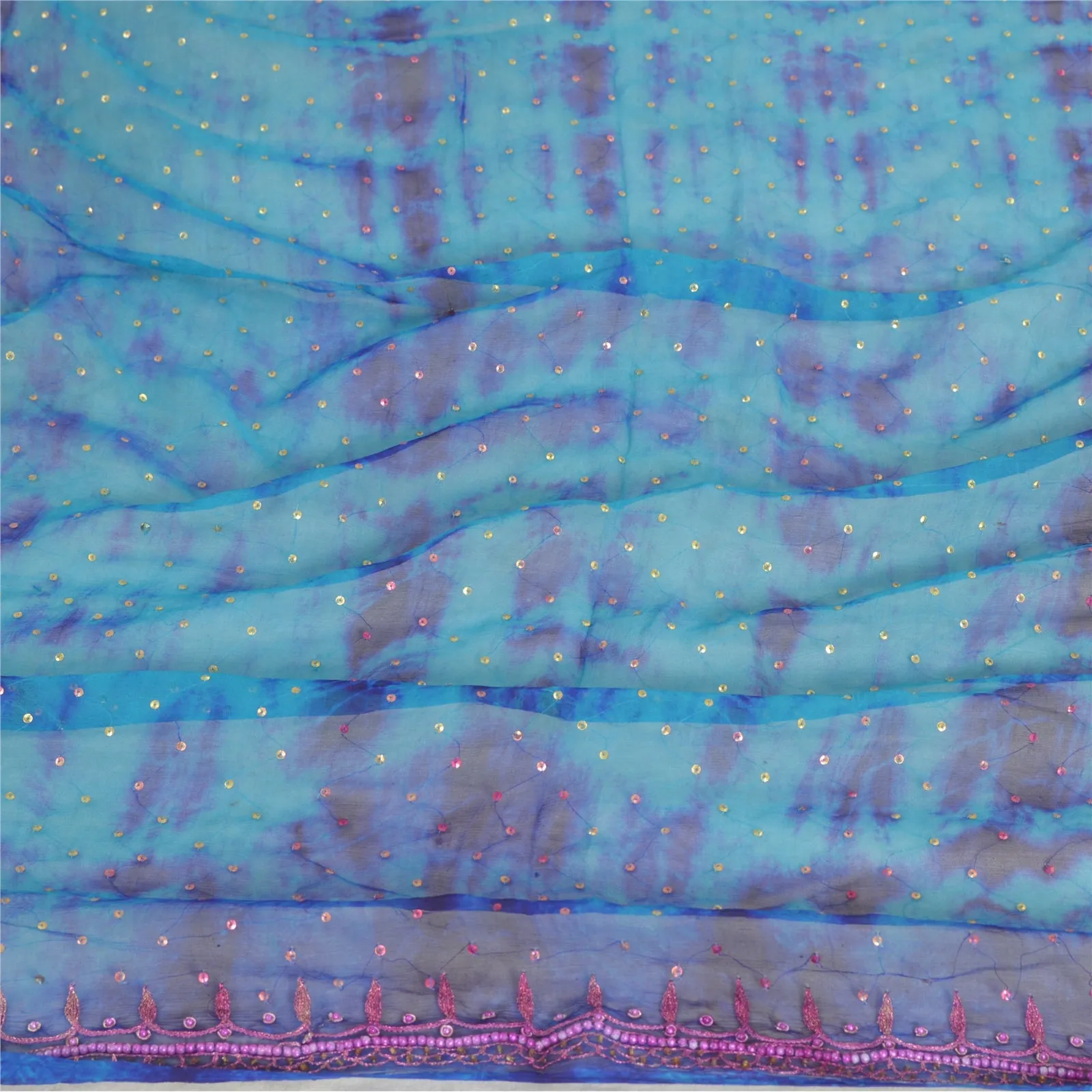 Sanskriti Vintage Dupatta Long Stole Pure Chiffon Silk Blue Hand Beaded Tie-Dye