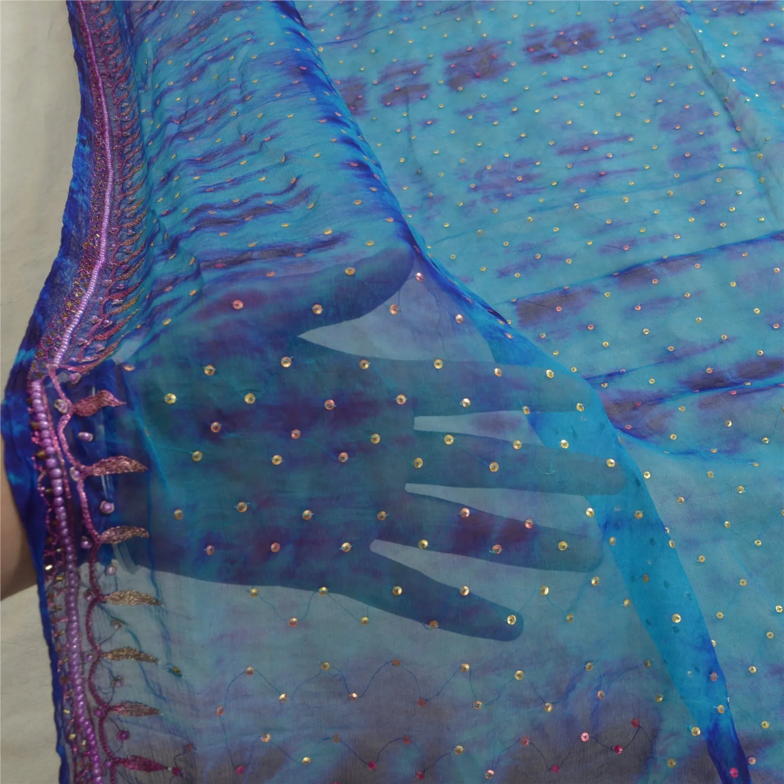 Sanskriti Vintage Dupatta Long Stole Pure Chiffon Silk Blue Hand Beaded Tie-Dye