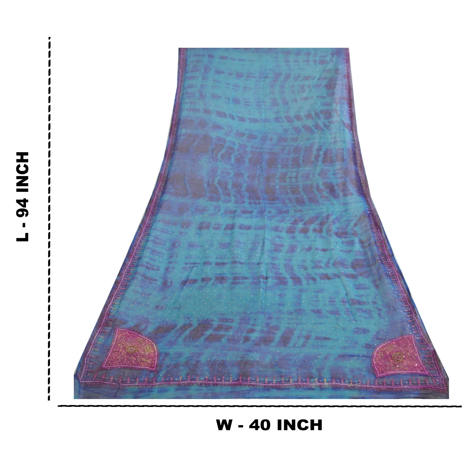 Sanskriti Vintage Dupatta Long Stole Pure Chiffon Silk Blue Hand Beaded Tie-Dye