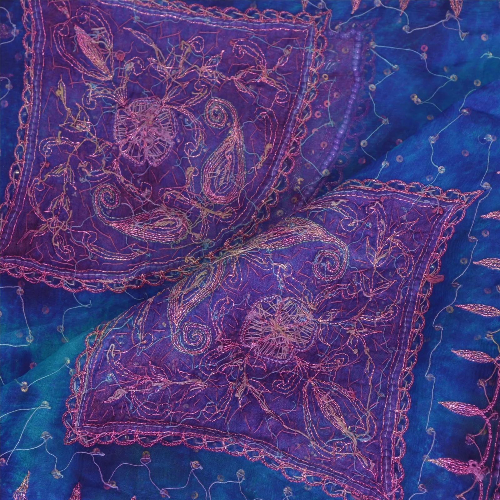 Sanskriti Vintage Dupatta Long Stole Pure Chiffon Silk Blue Hand Beaded Tie-Dye