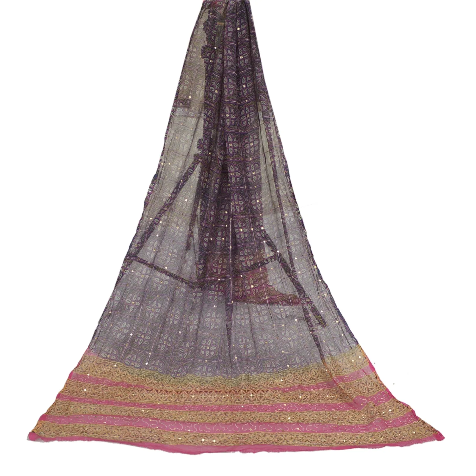 Sanskriti Vintage Dupatta Long Stole Pure Chiffon Silk Blue/Pink Hand Beaded