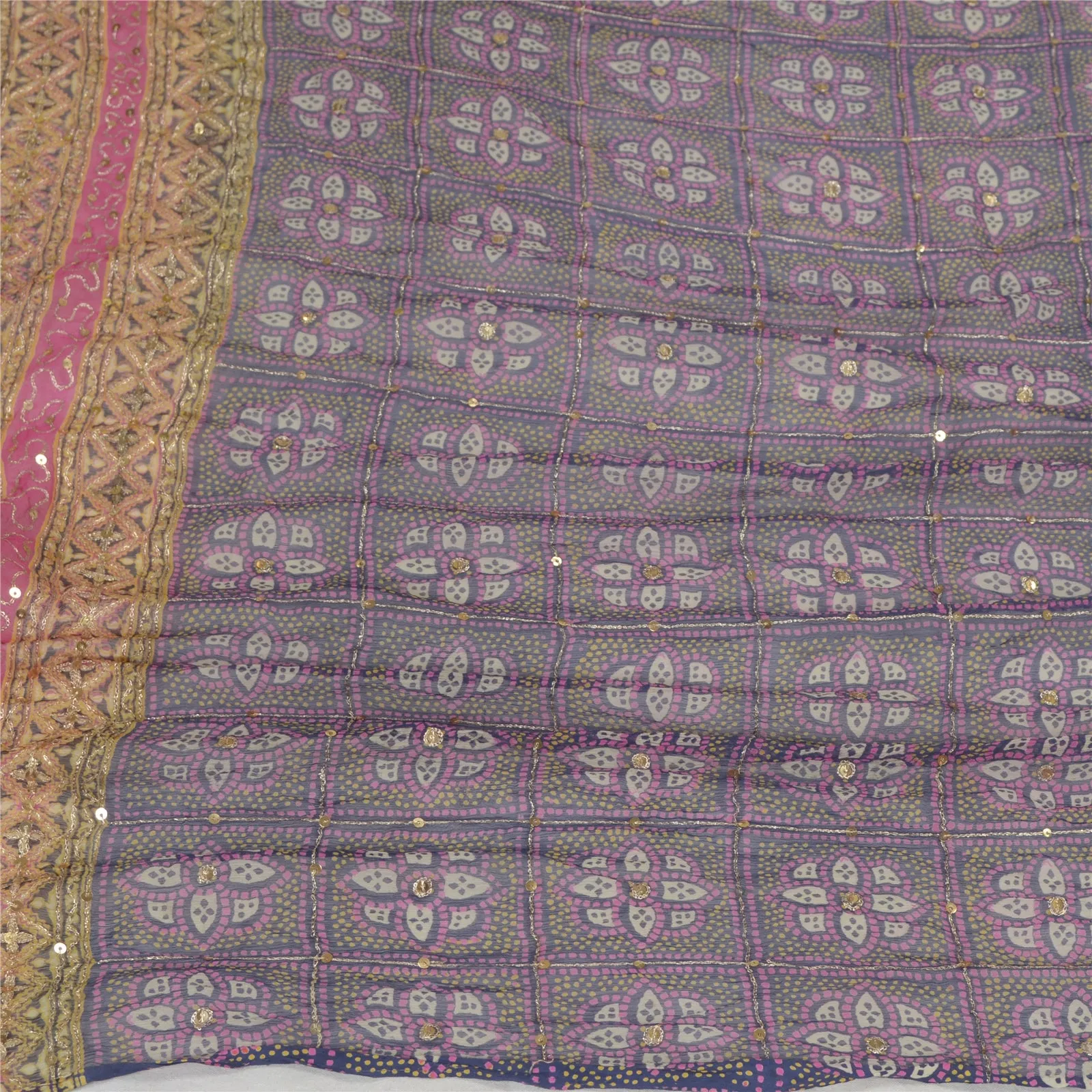 Sanskriti Vintage Dupatta Long Stole Pure Chiffon Silk Blue/Pink Hand Beaded