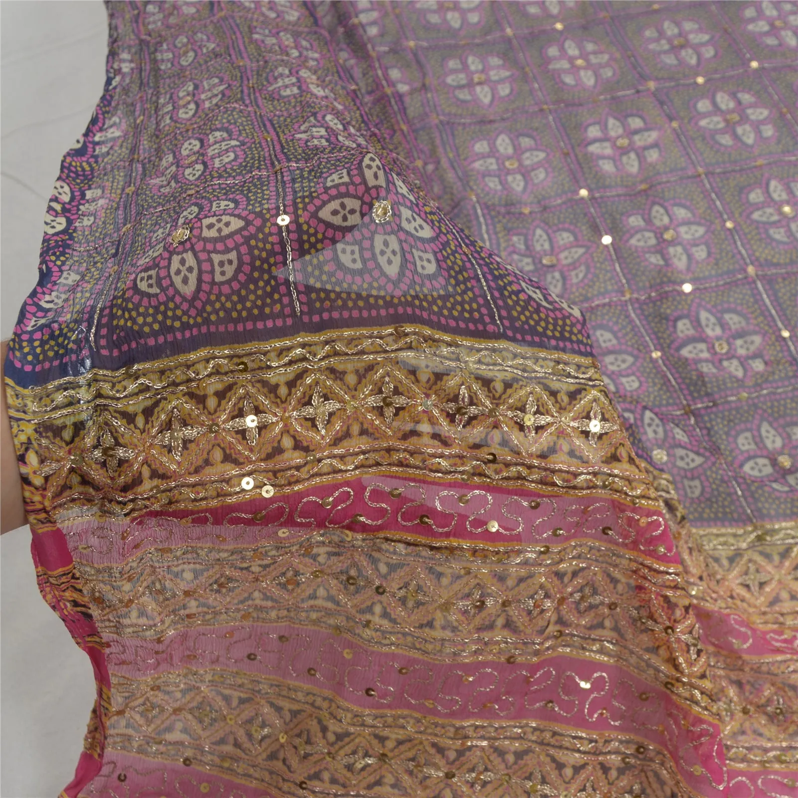 Sanskriti Vintage Dupatta Long Stole Pure Chiffon Silk Blue/Pink Hand Beaded