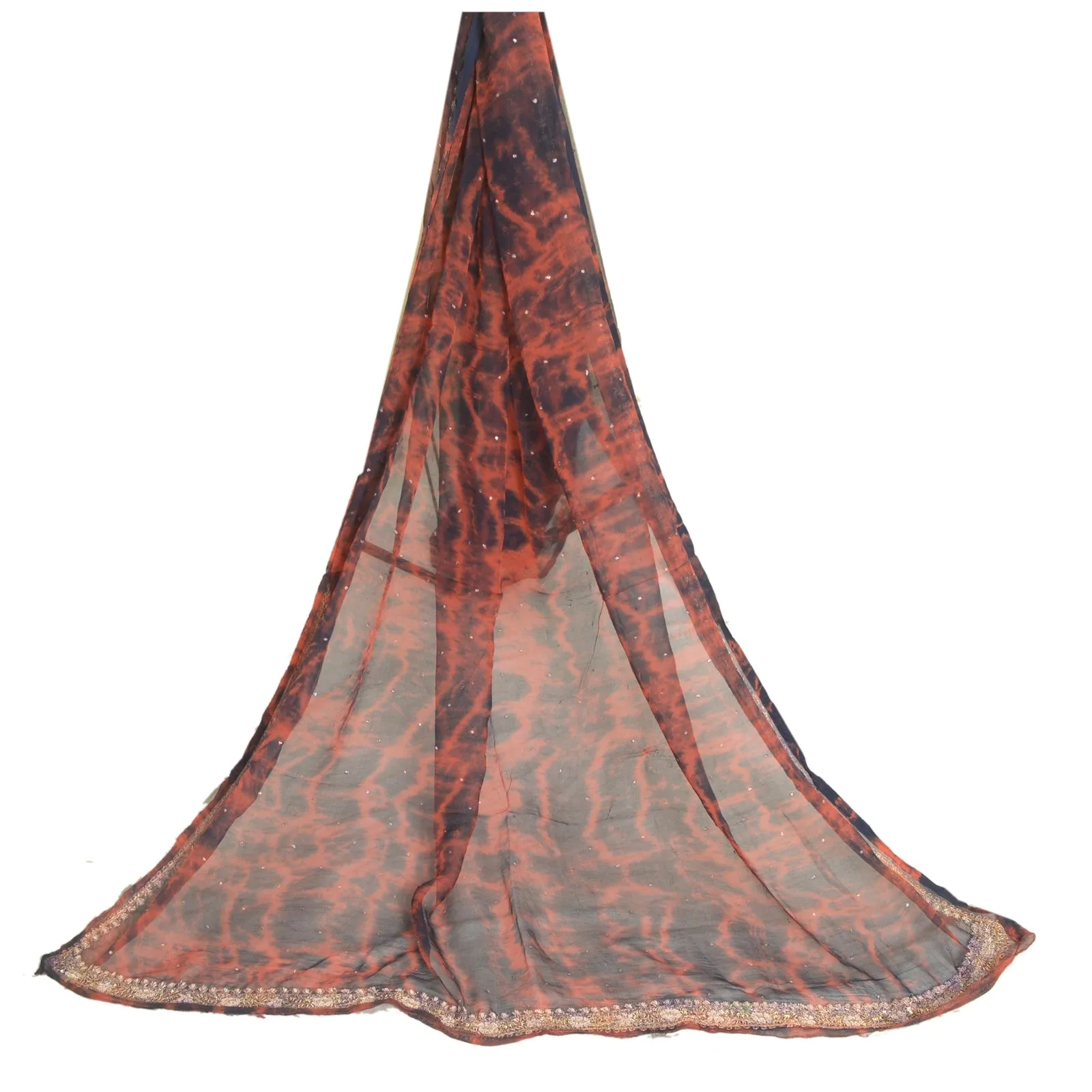 Sanskriti Vintage Dupatta Long Stole Pure Chiffon Silk Orange/Black Tie-Dye Zari