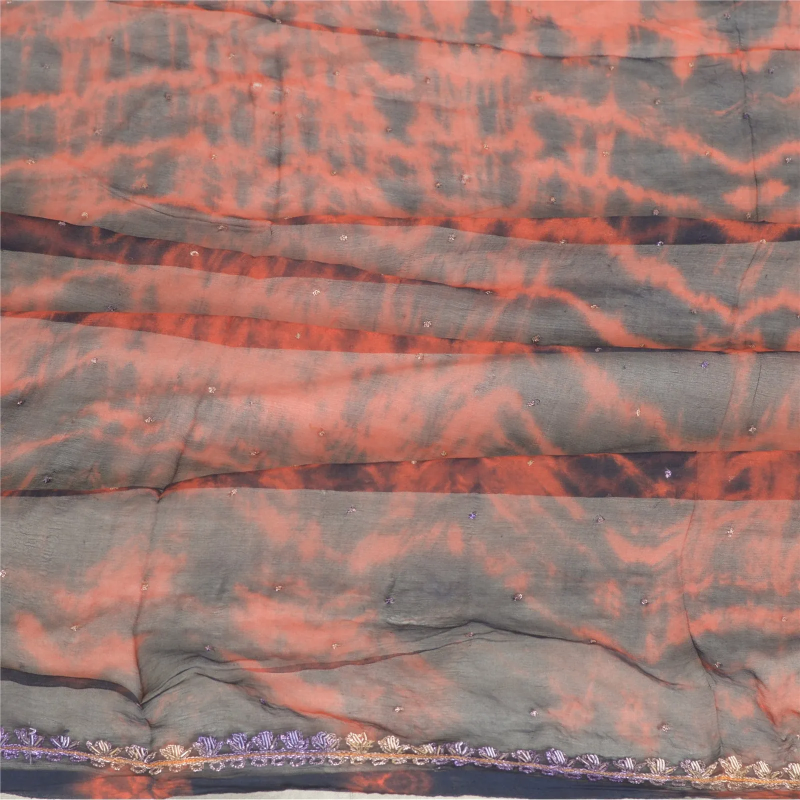 Sanskriti Vintage Dupatta Long Stole Pure Chiffon Silk Orange/Black Tie-Dye Zari