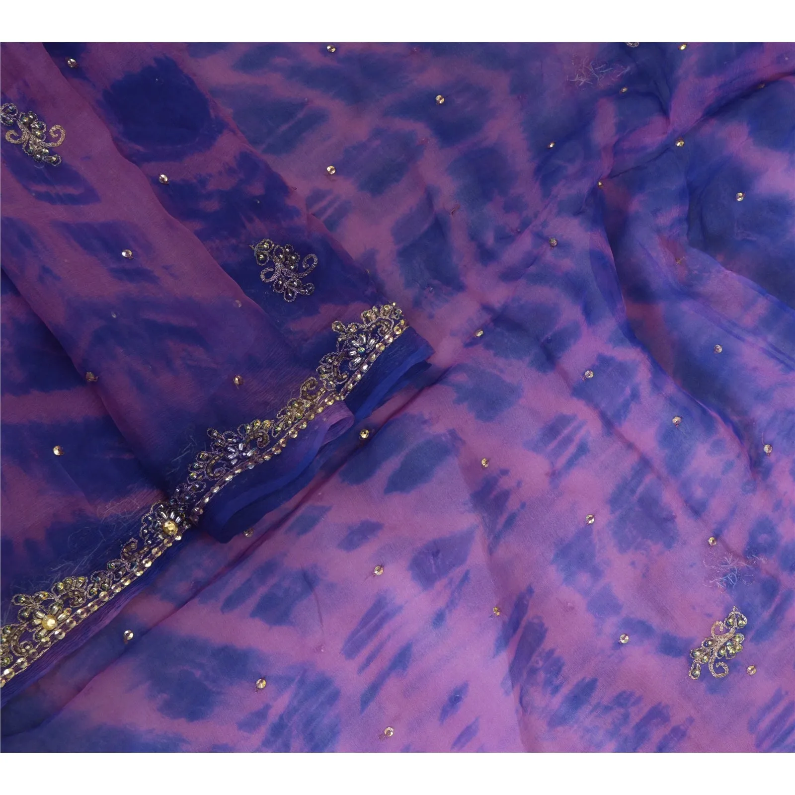 Sanskriti Vintage Dupatta Long Stole Pure Chiffon Silk Purple Hand Beads Tie-Dye