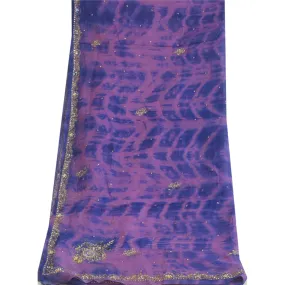 Sanskriti Vintage Dupatta Long Stole Pure Chiffon Silk Purple Hand Beads Tie-Dye