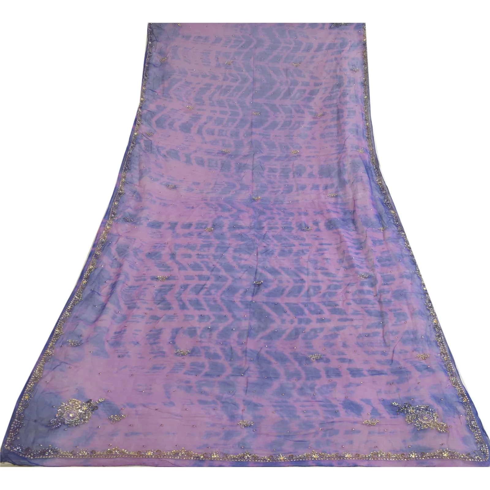 Sanskriti Vintage Dupatta Long Stole Pure Chiffon Silk Purple Hand Beads Tie-Dye