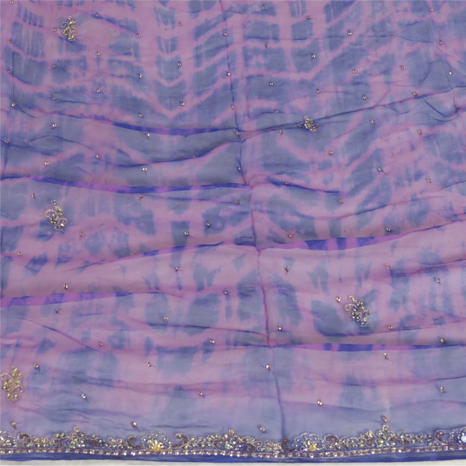 Sanskriti Vintage Dupatta Long Stole Pure Chiffon Silk Purple Hand Beads Tie-Dye