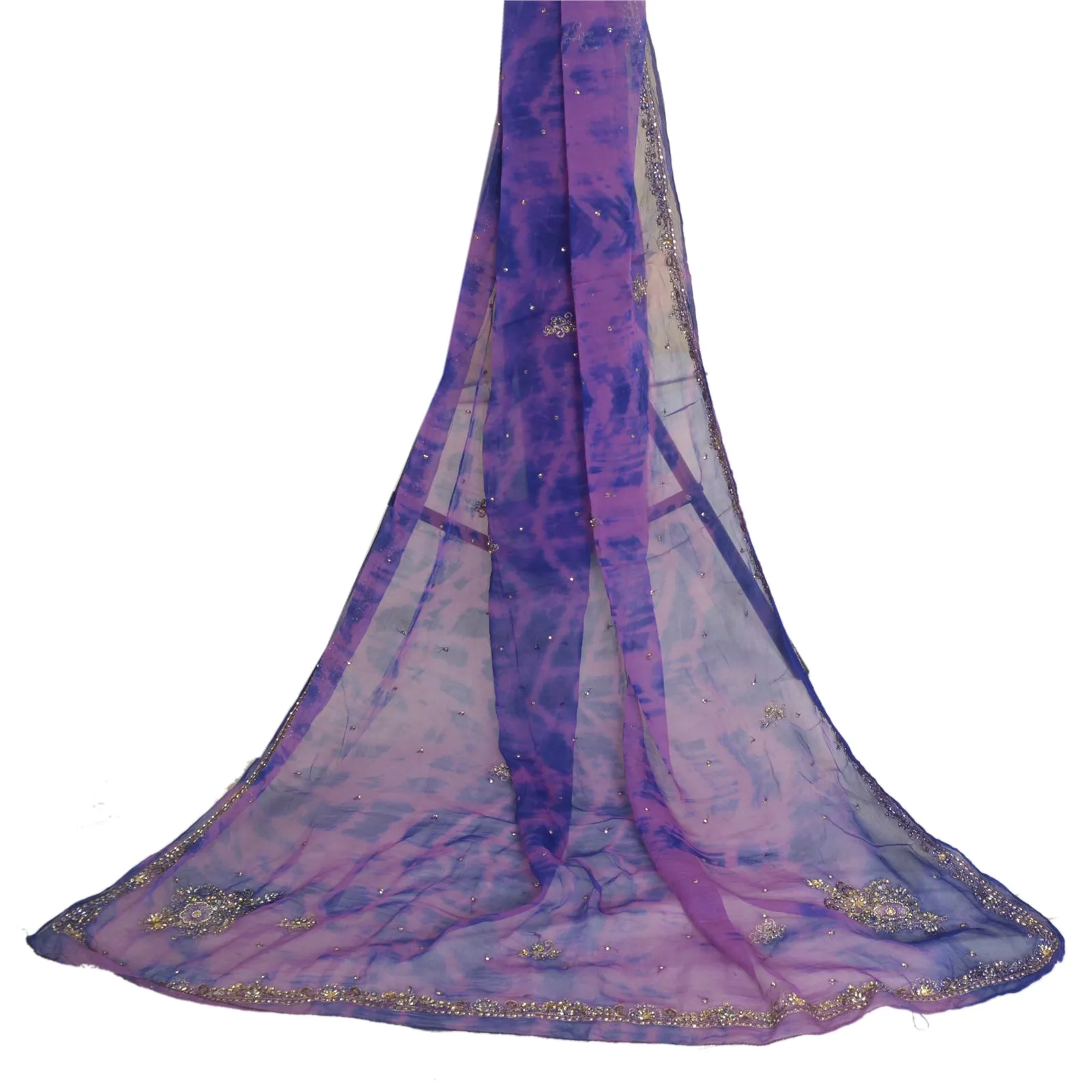 Sanskriti Vintage Dupatta Long Stole Pure Chiffon Silk Purple Hand Beads Tie-Dye