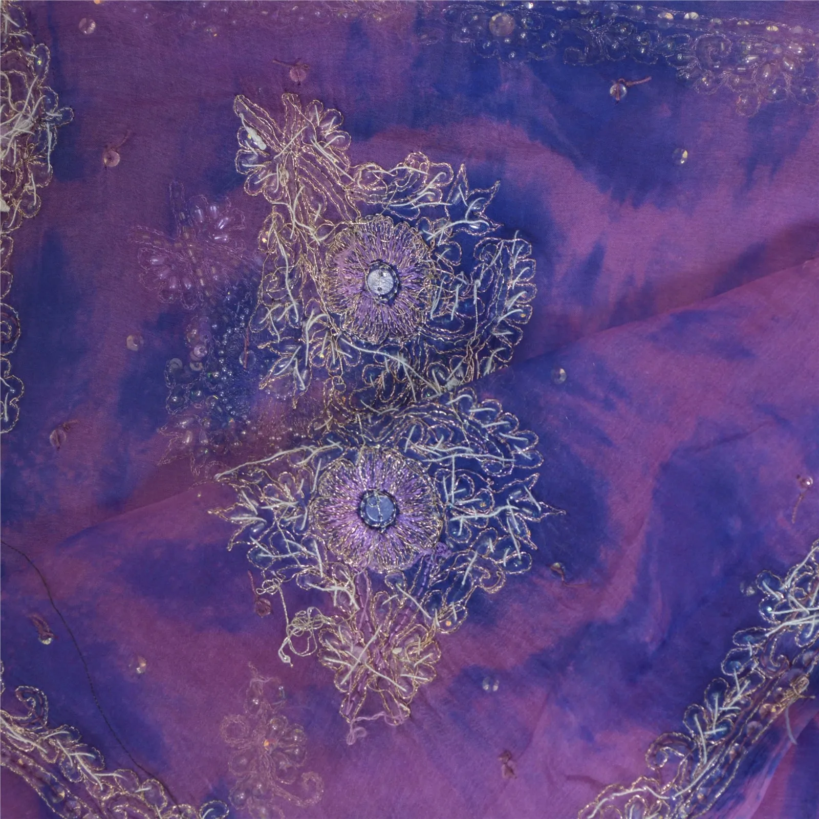 Sanskriti Vintage Dupatta Long Stole Pure Chiffon Silk Purple Hand Beads Tie-Dye