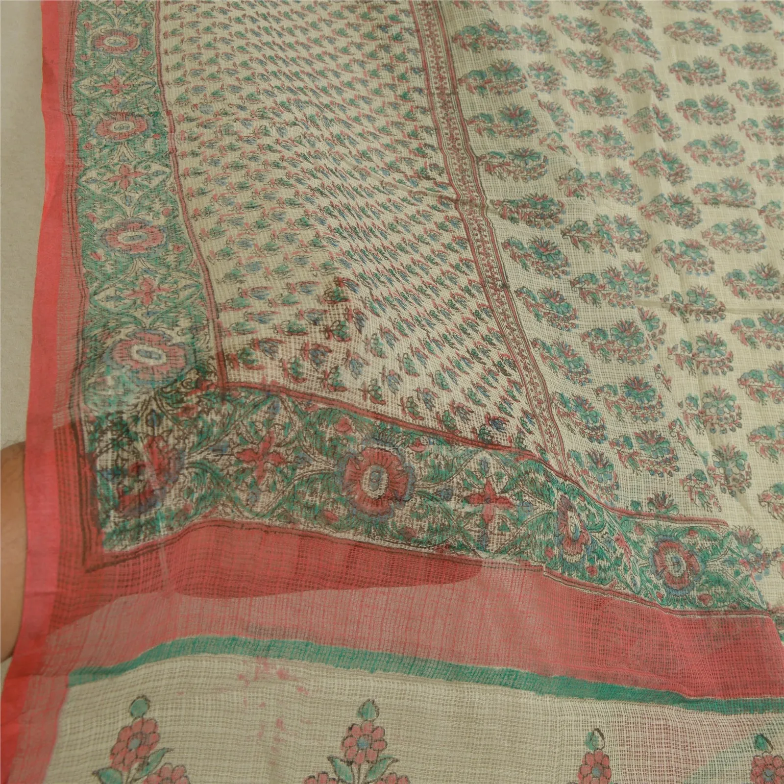 Sanskriti Vintage Dupatta Long Stole Pure Cotton Kota Doria Ivory Printed Veil