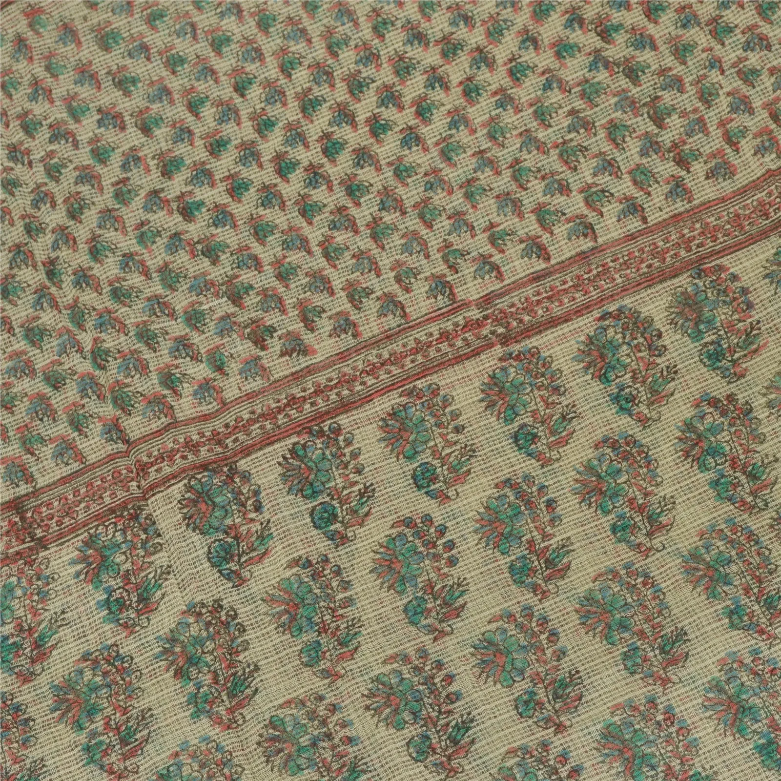 Sanskriti Vintage Dupatta Long Stole Pure Cotton Kota Doria Ivory Printed Veil