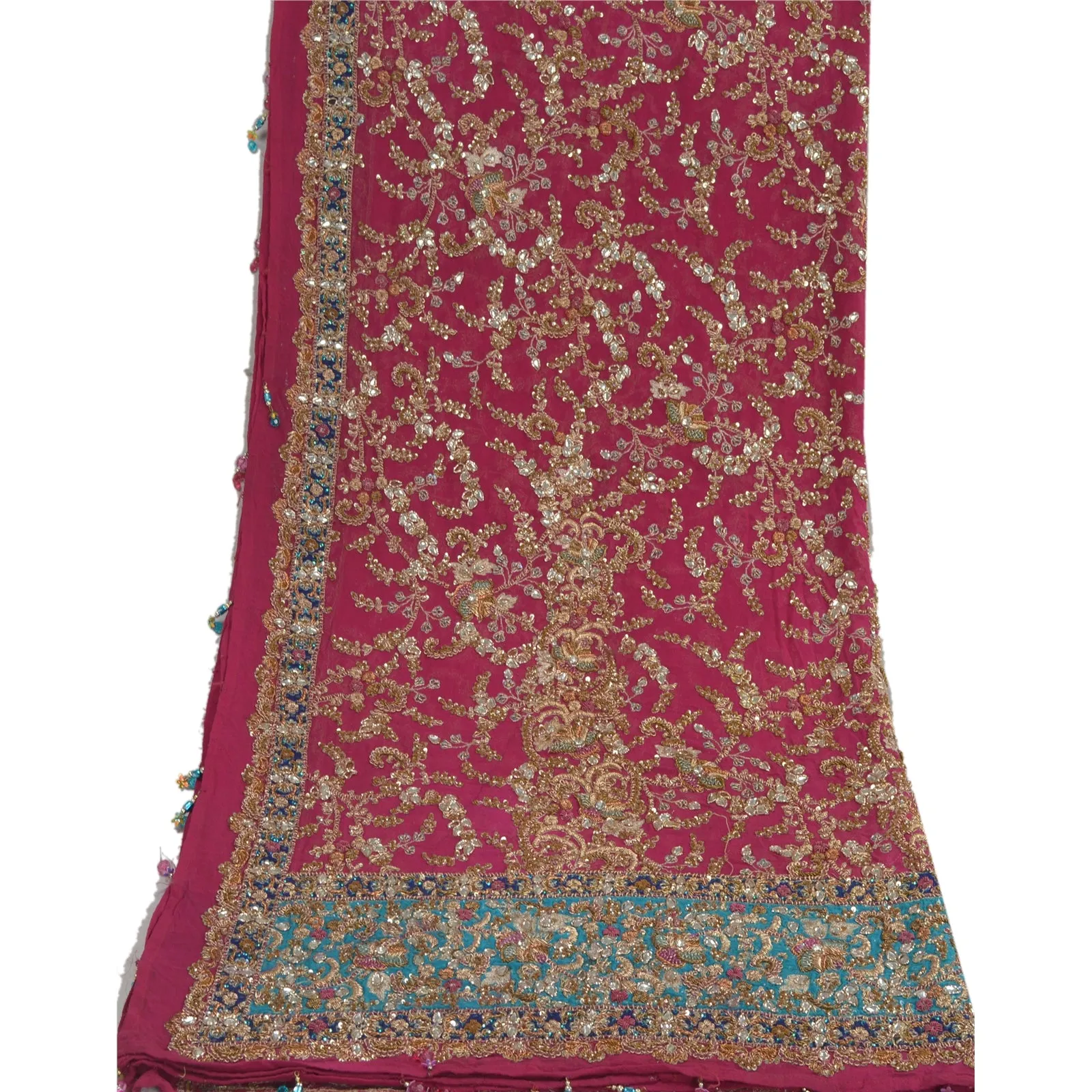 Sanskriti Vintage Dupatta Long Stole Pure Georgette Silk Magenta Hand Beads Veil