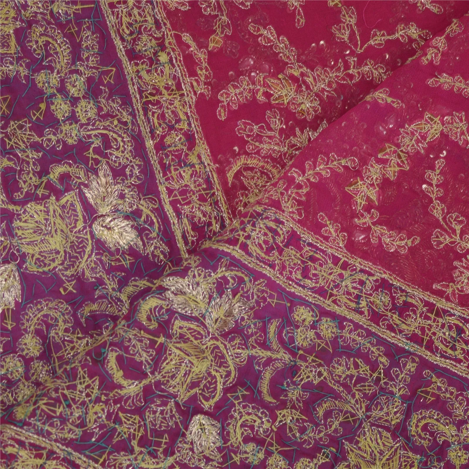 Sanskriti Vintage Dupatta Long Stole Pure Georgette Silk Magenta Hand Beads Veil