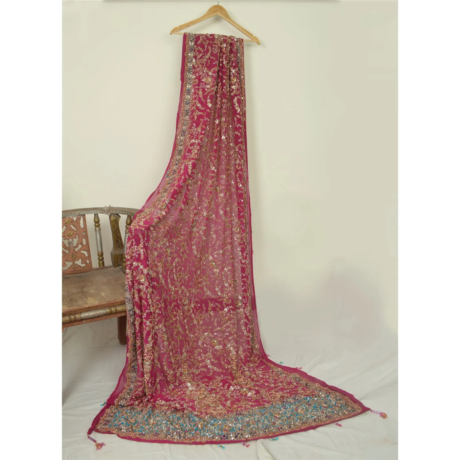 Sanskriti Vintage Dupatta Long Stole Pure Georgette Silk Magenta Hand Beads Veil