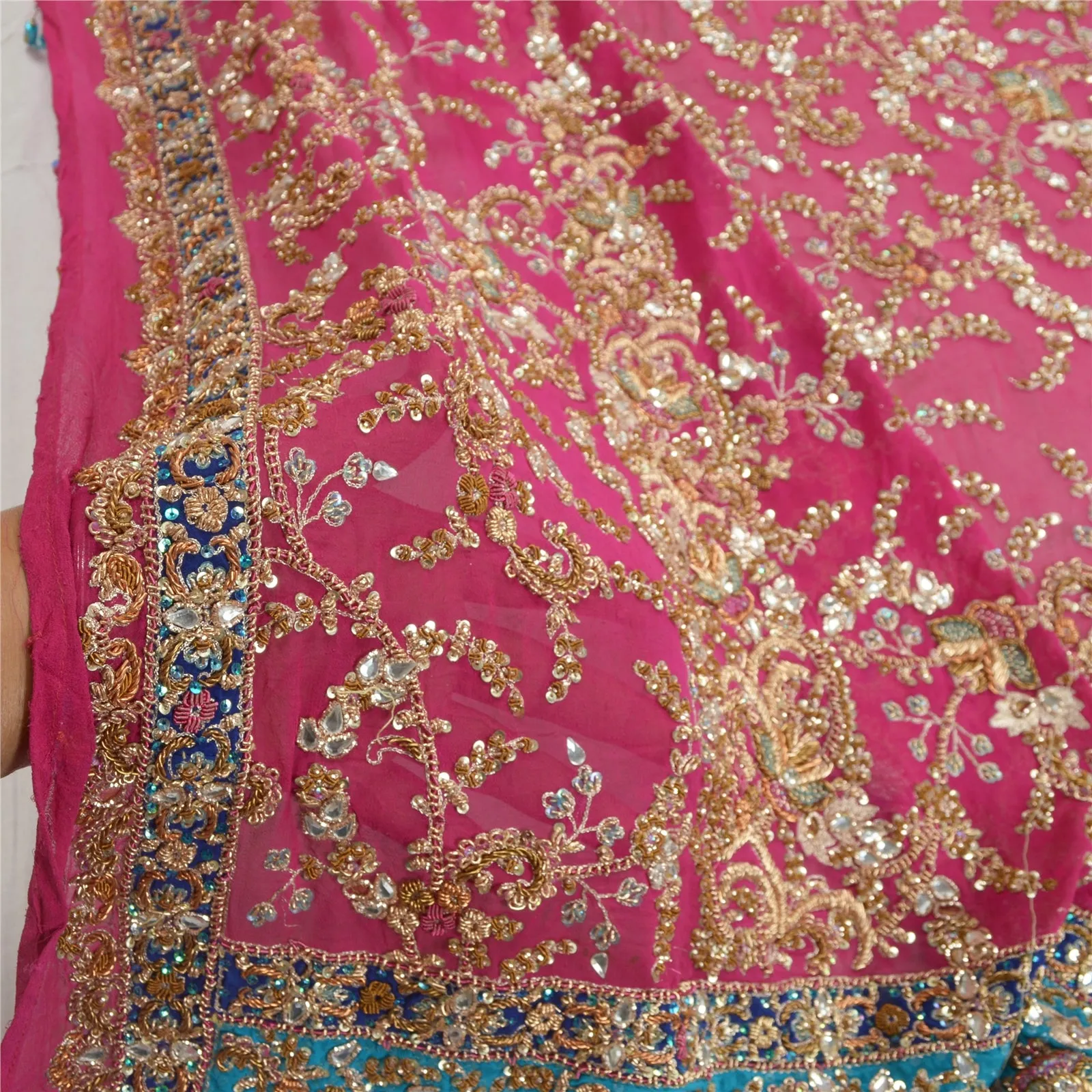 Sanskriti Vintage Dupatta Long Stole Pure Georgette Silk Magenta Hand Beads Veil