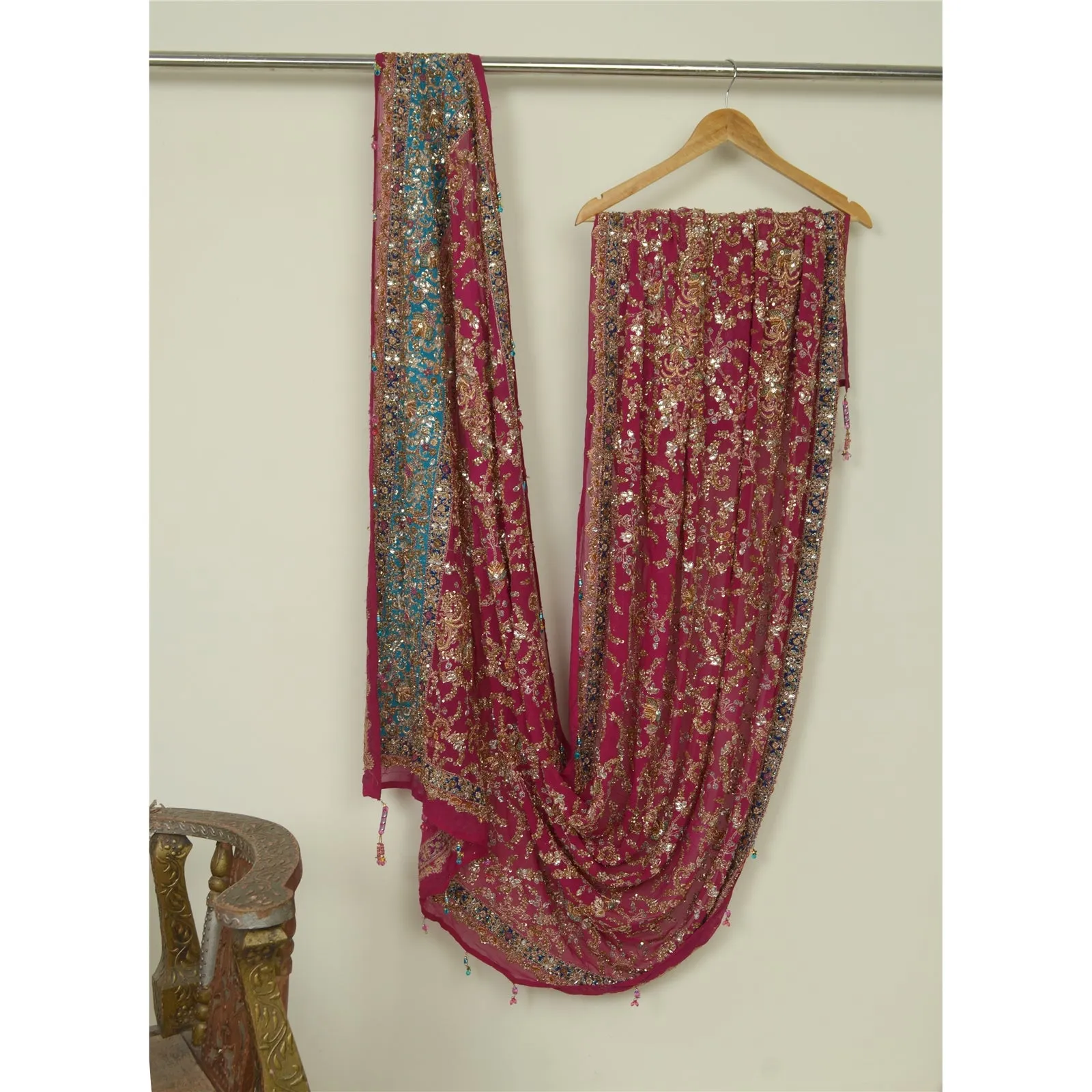 Sanskriti Vintage Dupatta Long Stole Pure Georgette Silk Magenta Hand Beads Veil