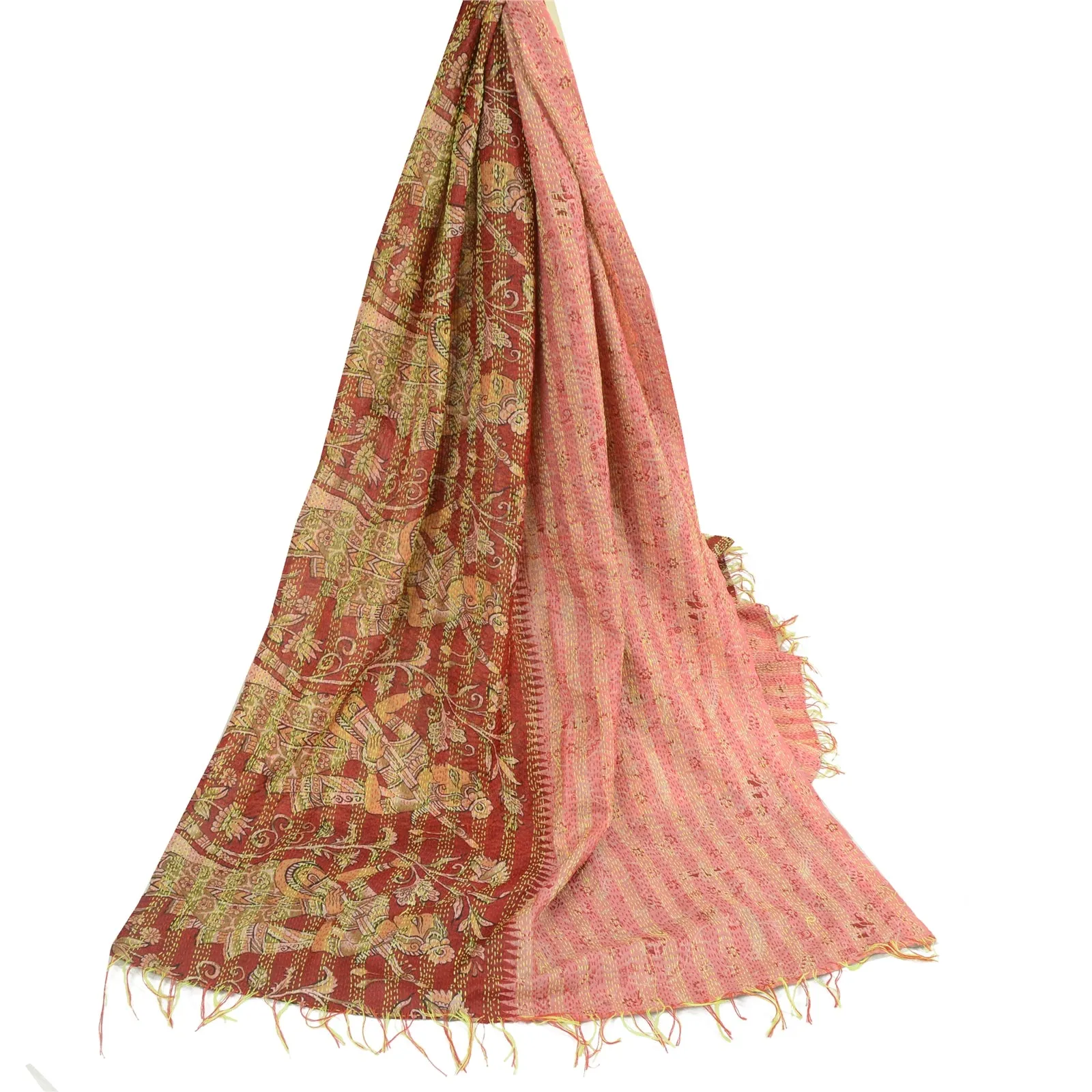 Sanskriti Vintage Dupatta Long Stole Pure Silk Dark Red/Pink Handmade Kantha