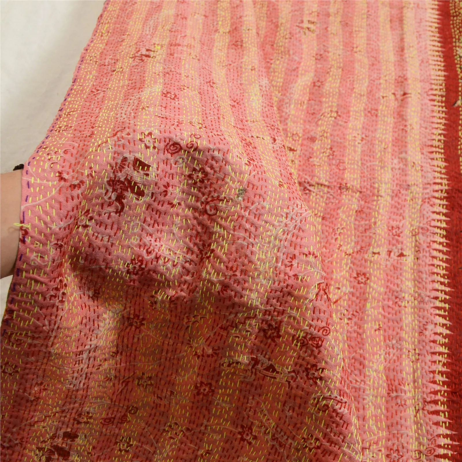 Sanskriti Vintage Dupatta Long Stole Pure Silk Dark Red/Pink Handmade Kantha